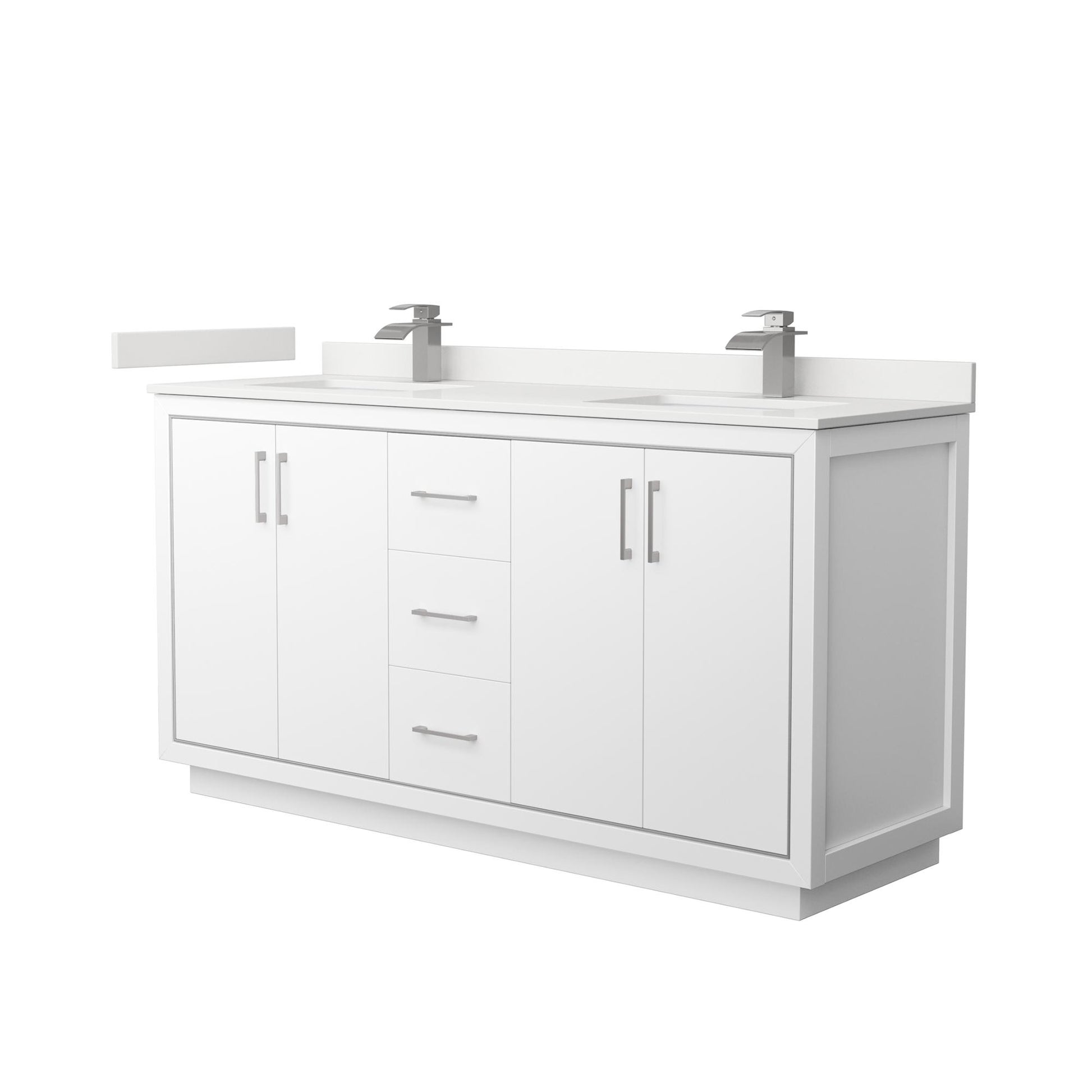 Wyndham Collection Icon 66" Double Bathroom Vanity in White, White Quartz Countertop, Undermount Square Sinks (1-Hole), Brushed Nickel Trim