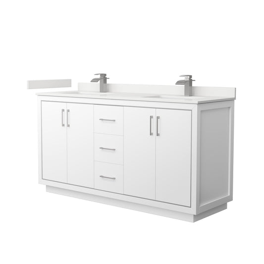 Wyndham Collection Icon 66" Double Bathroom Vanity in White, White Quartz Countertop, Undermount Square Sinks (1-Hole), Brushed Nickel Trim