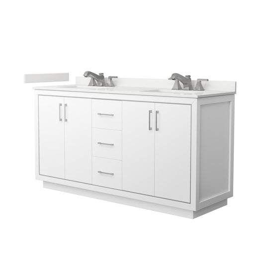 Wyndham Collection Icon 66" Double Bathroom Vanity in White, White Quartz Countertop, Undermount Square Sinks (3-Hole), Brushed Nickel Trim