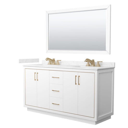 Wyndham Collection Icon 66" Double Bathroom Vanity in White, Carrara Cultured Marble Countertop, Undermount Square Sinks (3-Hole), Satin Bronze Trim, 58" Mirror