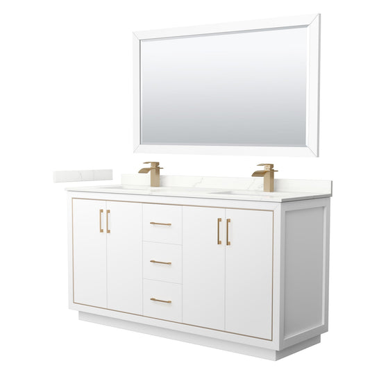 Wyndham Collection Icon 66" Double Bathroom Vanity in White, Giotto Quartz Countertop, Undermount Square Sinks (1-Hole), Satin Bronze Trim, 58" Mirror