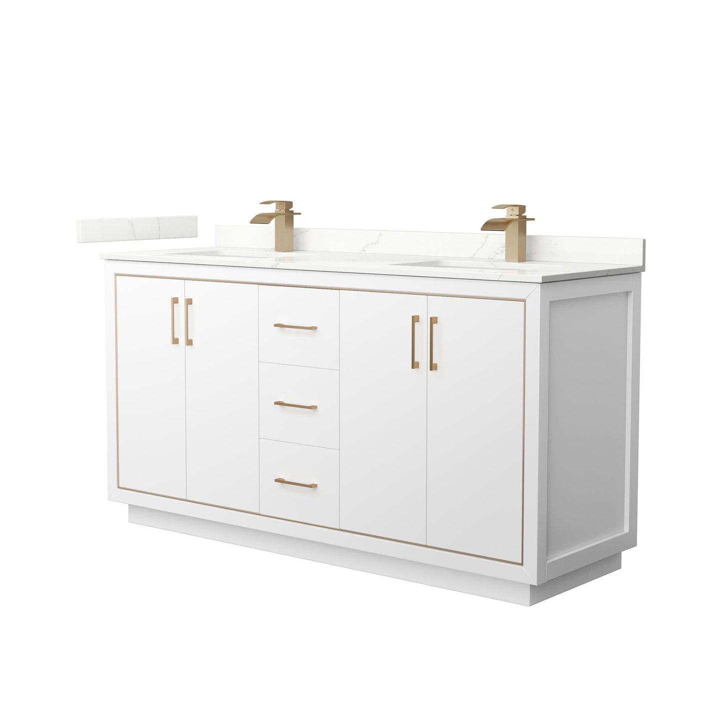 Wyndham Collection Icon 66" Double Bathroom Vanity in White, Giotto Quartz Countertop, Undermount Square Sinks (1-Hole), Satin Bronze Trim