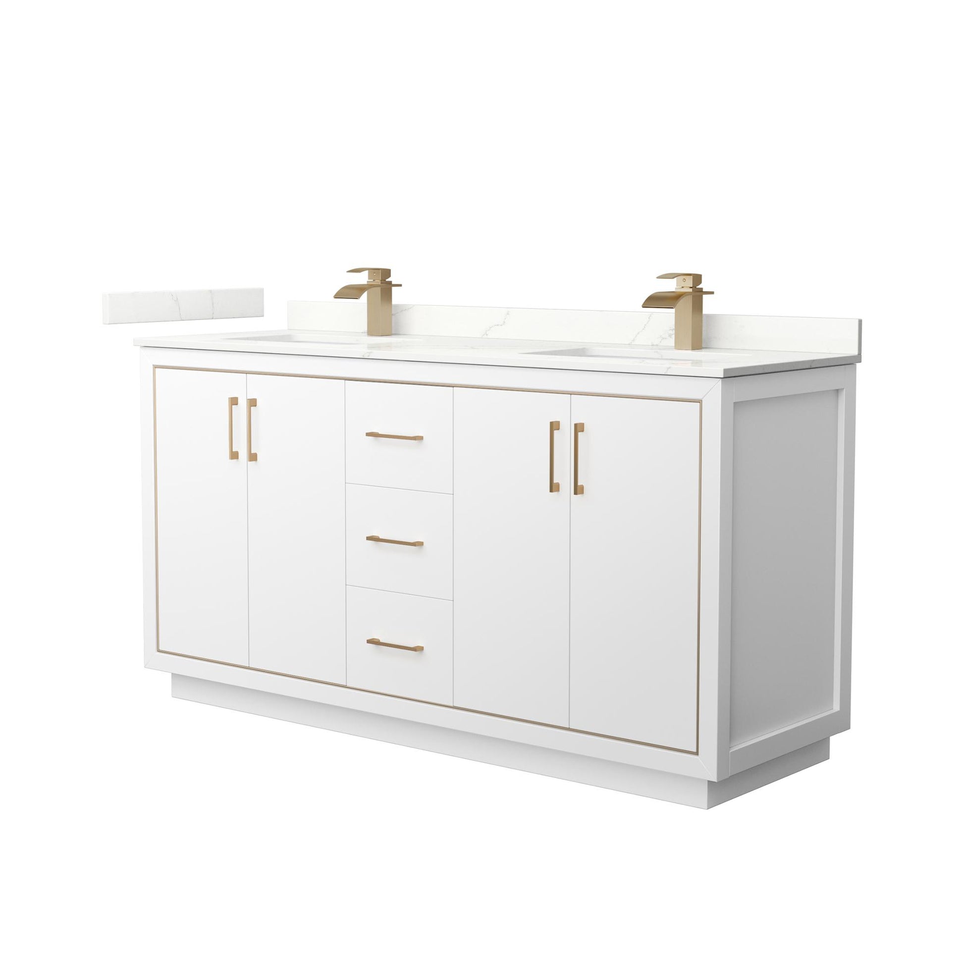 Wyndham Collection Icon 66" Double Bathroom Vanity in White, Giotto Quartz Countertop, Undermount Square Sinks (1-Hole), Satin Bronze Trim