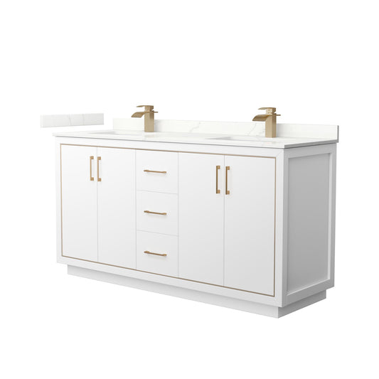 Wyndham Collection Icon 66" Double Bathroom Vanity in White, Giotto Quartz Countertop, Undermount Square Sinks (1-Hole), Satin Bronze Trim