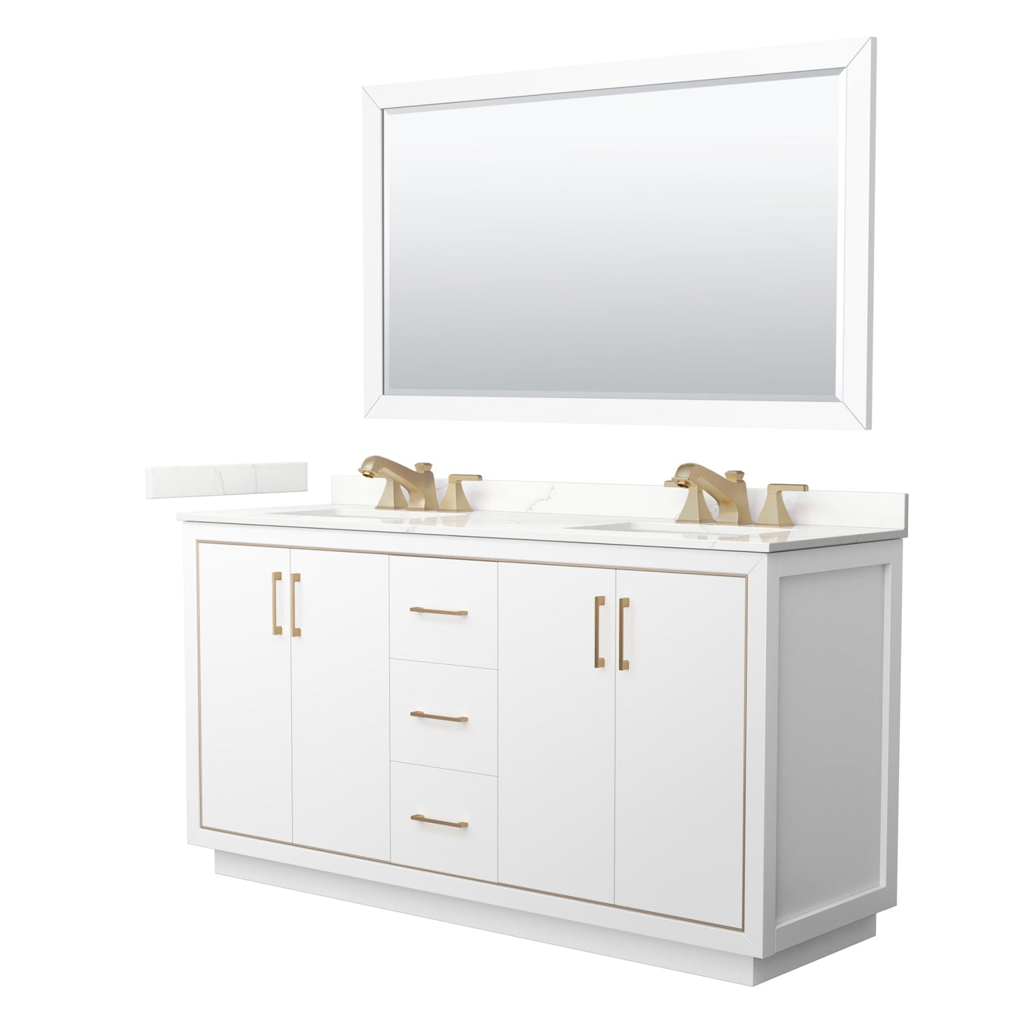 Wyndham Collection Icon 66" Double Bathroom Vanity in White, Giotto Quartz Countertop, Undermount Square Sinks (3-Hole), Satin Bronze Trim, 58" Mirror
