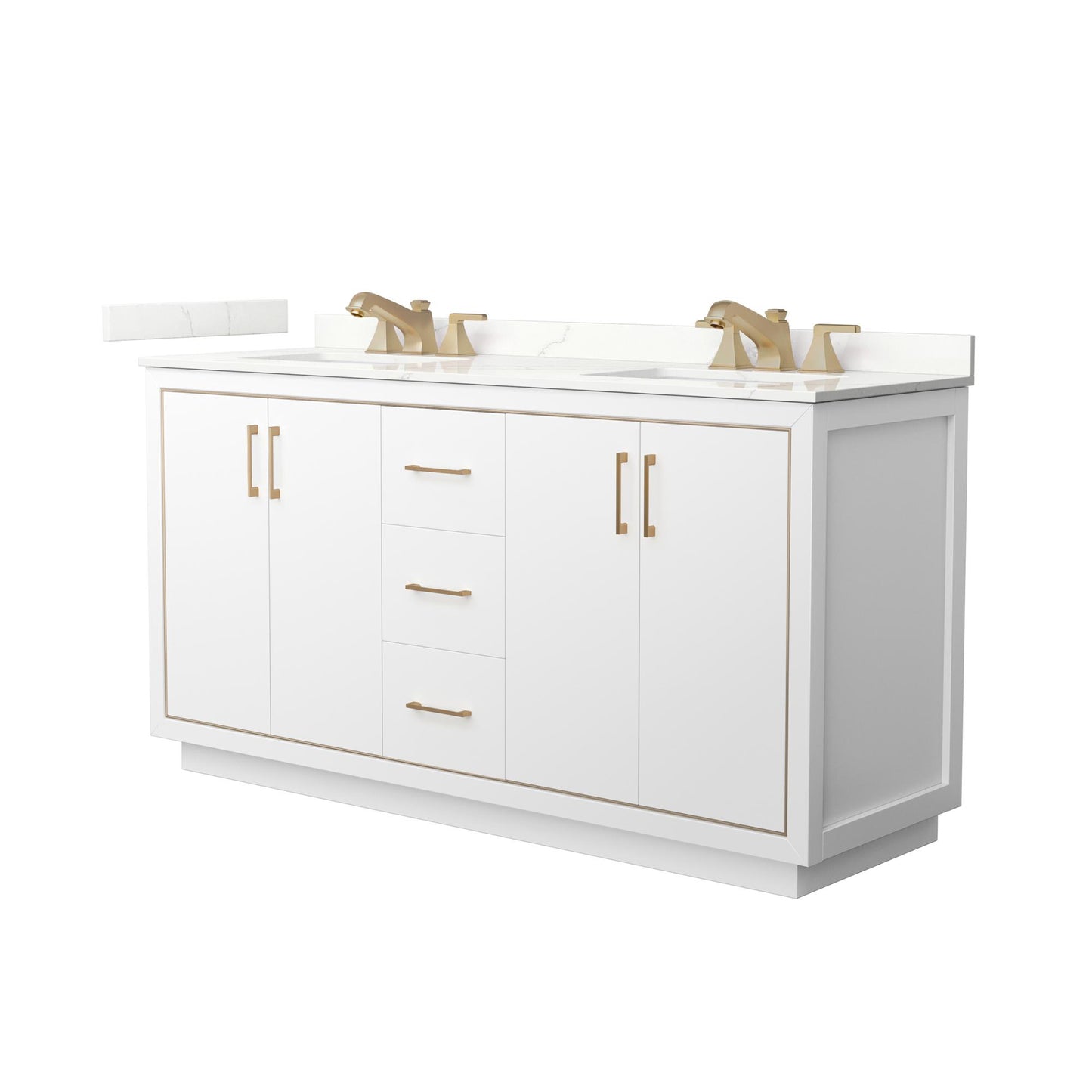 Wyndham Collection Icon 66" Double Bathroom Vanity in White, Giotto Quartz Countertop, Undermount Square Sinks (3-Hole), Satin Bronze Trim