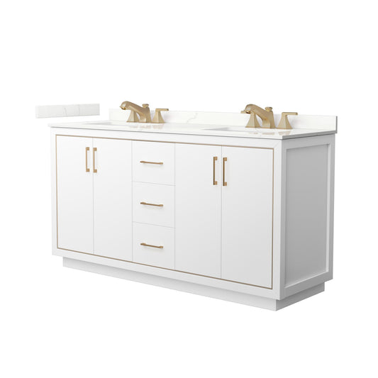 Wyndham Collection Icon 66" Double Bathroom Vanity in White, Giotto Quartz Countertop, Undermount Square Sinks (3-Hole), Satin Bronze Trim