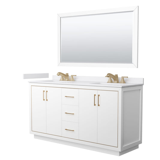 Wyndham Collection Icon 66" Double Bathroom Vanity in White, White Cultured Marble Countertop, Undermount Square Sinks (3-Hole), Satin Bronze Trim, 58" Mirror