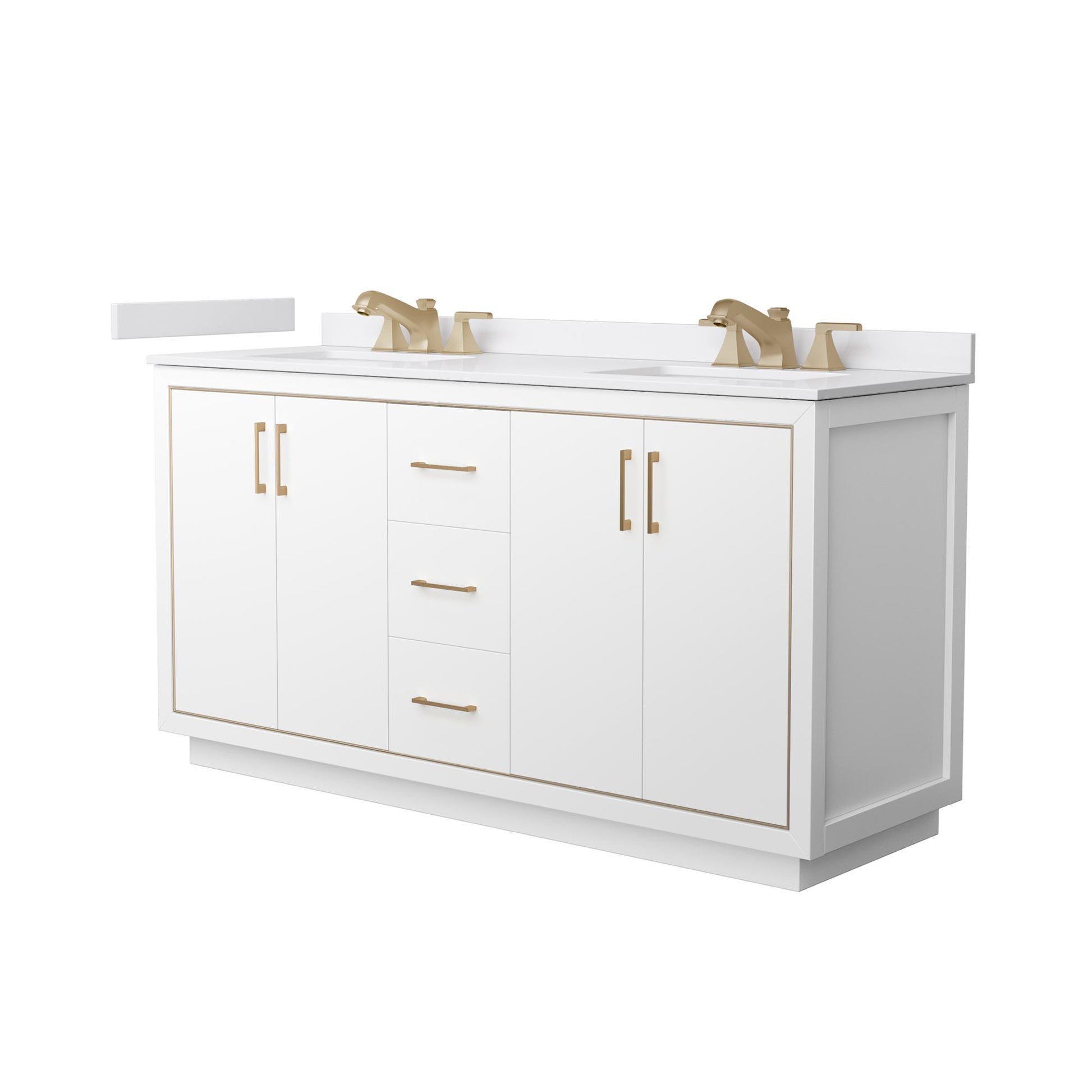 Wyndham Collection Icon 66" Double Bathroom Vanity in White, White Cultured Marble Countertop, Undermount Square Sinks (3-Hole), Satin Bronze Trim