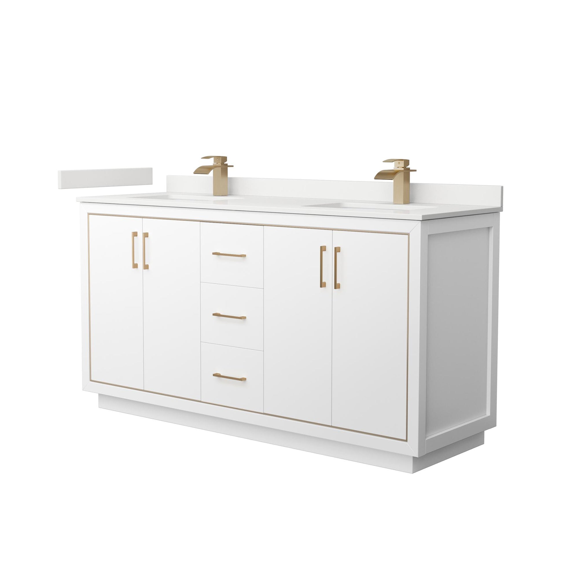 Wyndham Collection Icon 66" Double Bathroom Vanity in White, White Quartz Countertop, Undermount Square Sinks (1-Hole), Satin Bronze Trim