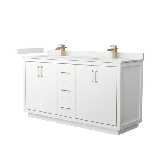 Wyndham Collection Icon 66" Double Bathroom Vanity in White, White Quartz Countertop, Undermount Square Sinks (1-Hole), Satin Bronze Trim
