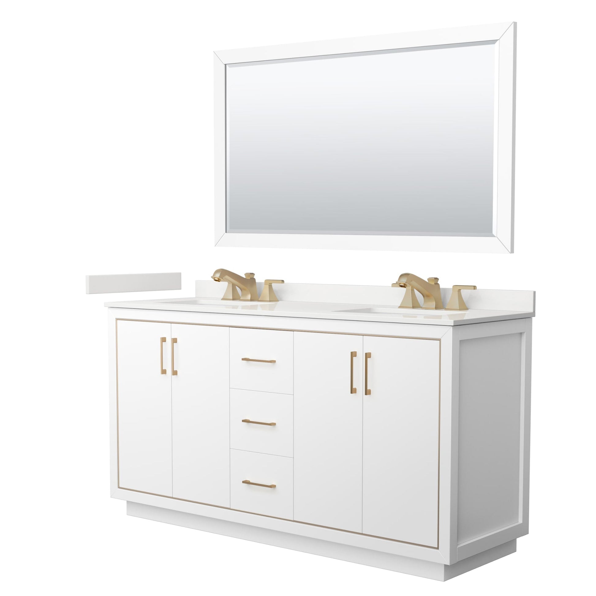 Wyndham Collection Icon 66" Double Bathroom Vanity in White, White Quartz Countertop, Undermount Square Sinks (3-Hole), Satin Bronze Trim, 58" Mirror