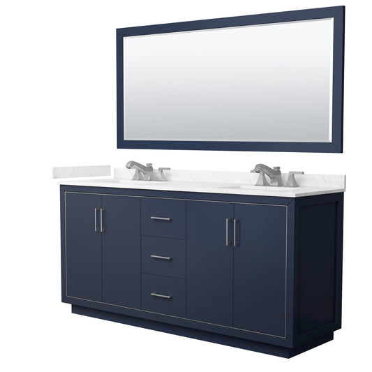 Wyndham Collection Icon 72" Double Bathroom Vanity in Dark Blue, Carrara Cultured Marble Countertop, Undermount Square Sinks (3-Hole), Brushed Nickel Trim, 70" Mirror