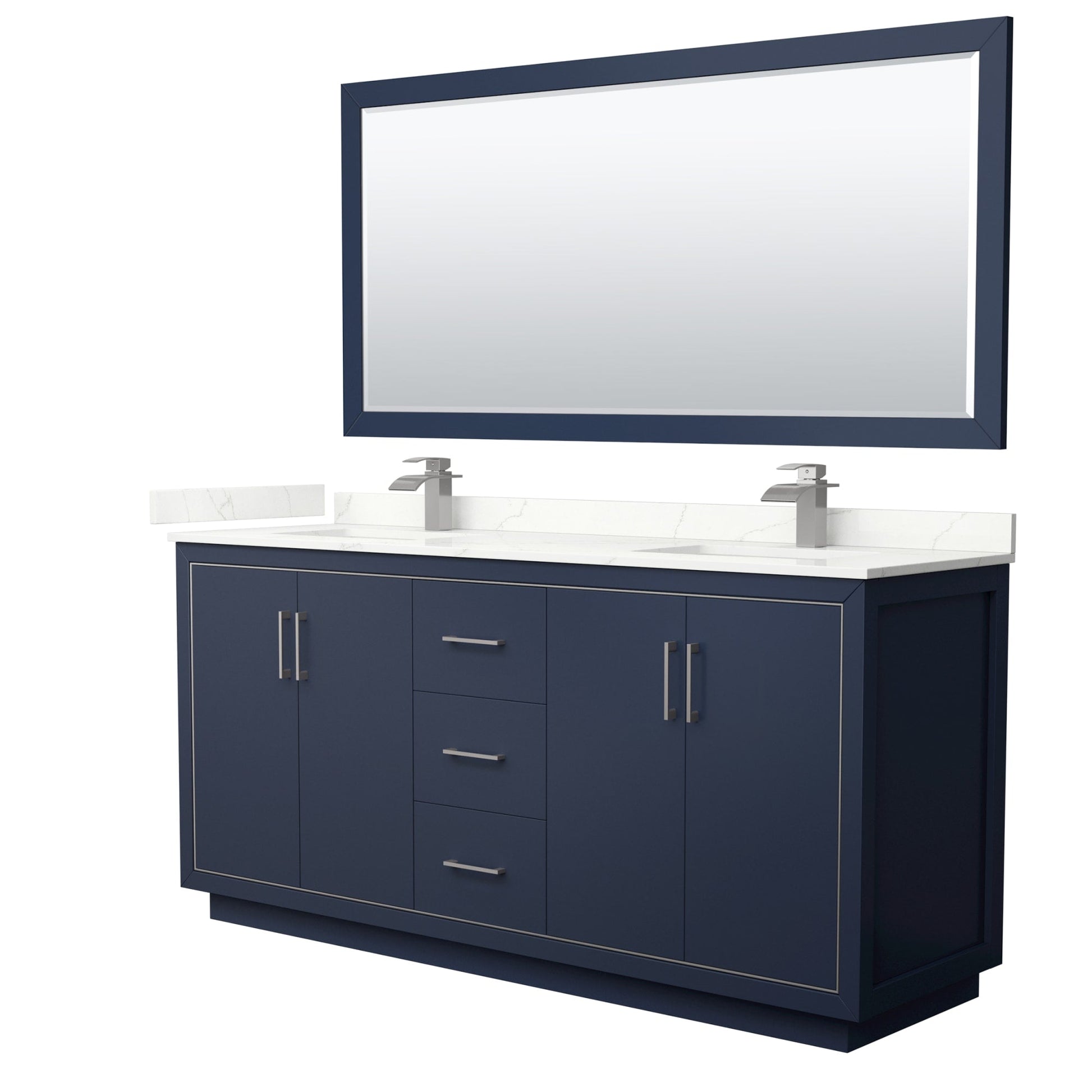 Wyndham Collection Icon 72" Double Bathroom Vanity in Dark Blue, Giotto Quartz Countertop, Undermount Square Sinks (1-Hole), Brushed Nickel Trim, 70" Mirror
