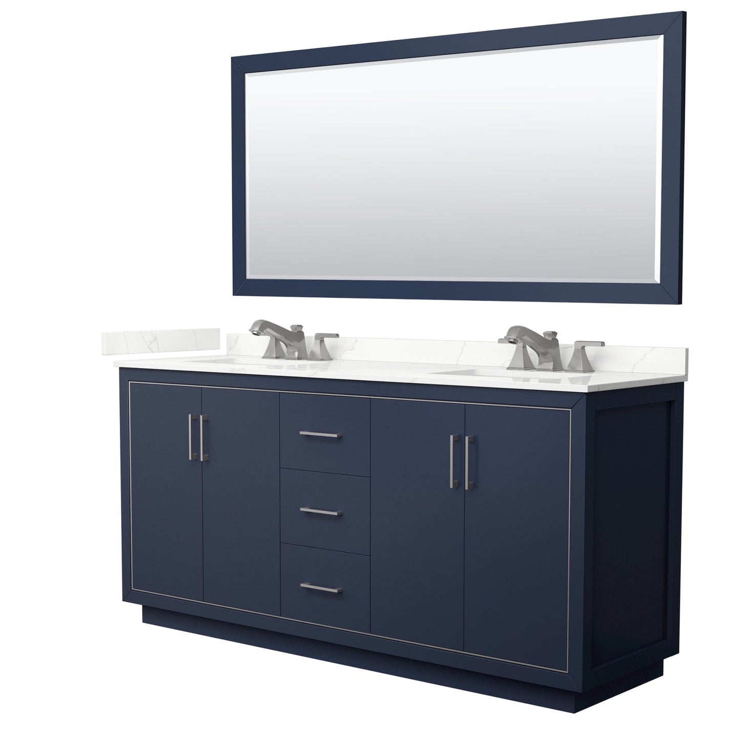 Wyndham Collection Icon 72" Double Bathroom Vanity in Dark Blue, Giotto Quartz Countertop, Undermount Square Sinks (3-Hole), Brushed Nickel Trim, 70" Mirror