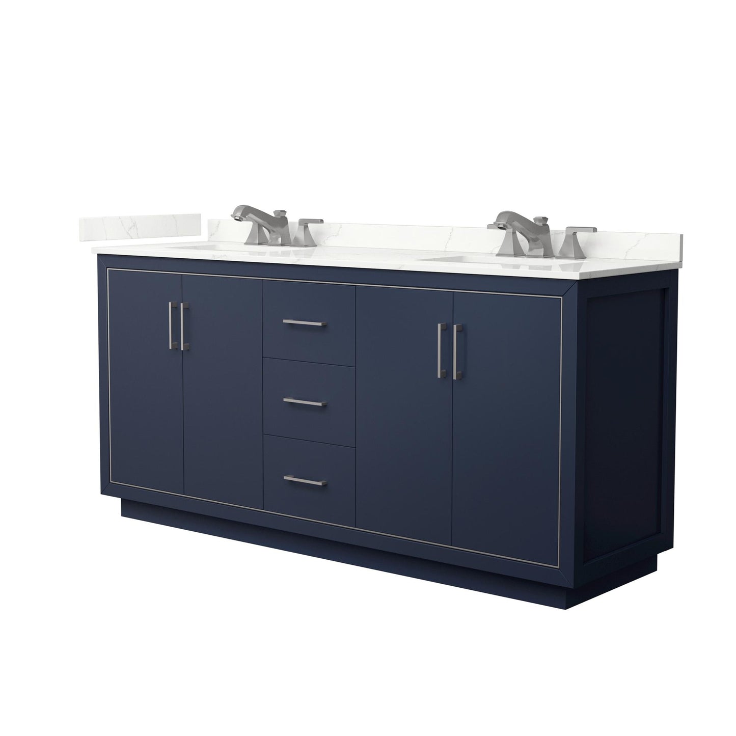 Wyndham Collection Icon 72" Double Bathroom Vanity in Dark Blue, Giotto Quartz Countertop, Undermount Square Sinks (3-Hole), Brushed Nickel Trim
