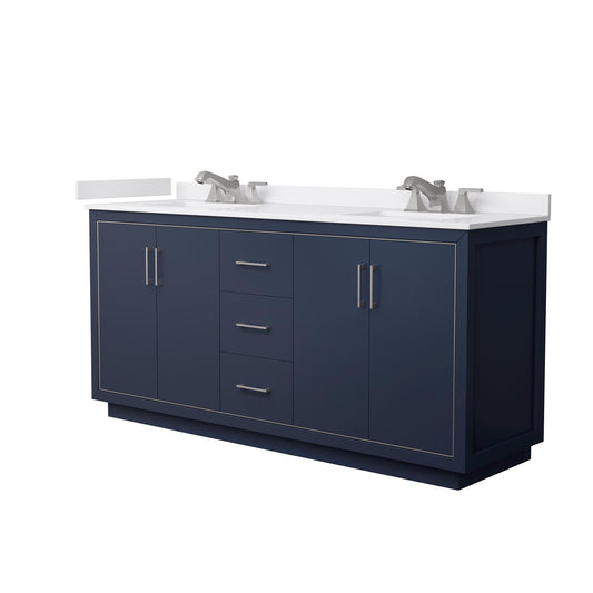 Wyndham Collection Icon 72" Double Bathroom Vanity in Dark Blue, White Cultured Marble Countertop, Undermount Square Sinks (3-Hole), Brushed Nickel Trim