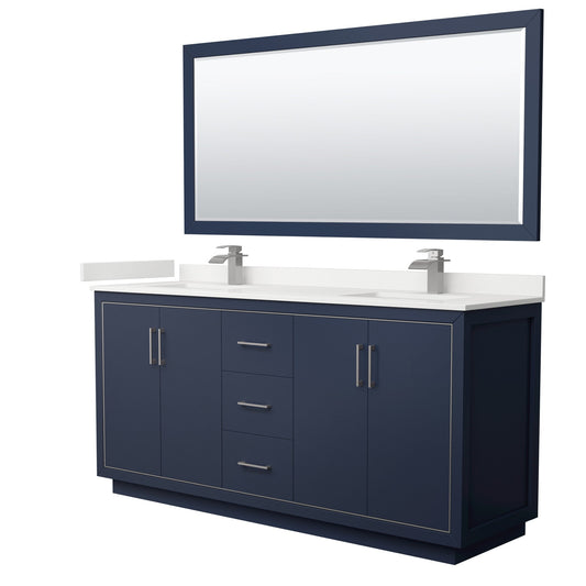 Wyndham Collection Icon 72" Double Bathroom Vanity in Dark Blue, White Quartz Countertop, Undermount Square Sinks (1-Hole), Brushed Nickel Trim, 70" Mirror