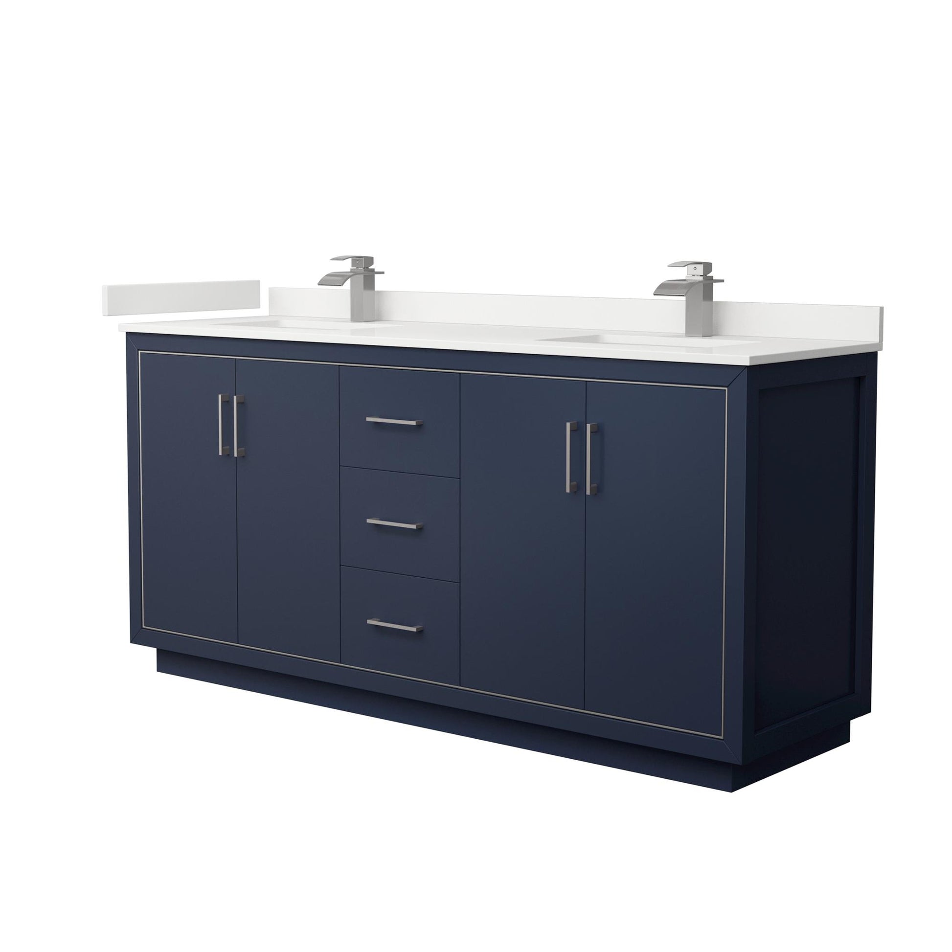 Wyndham Collection Icon 72" Double Bathroom Vanity in Dark Blue, White Quartz Countertop, Undermount Square Sinks (1-Hole), Brushed Nickel Trim