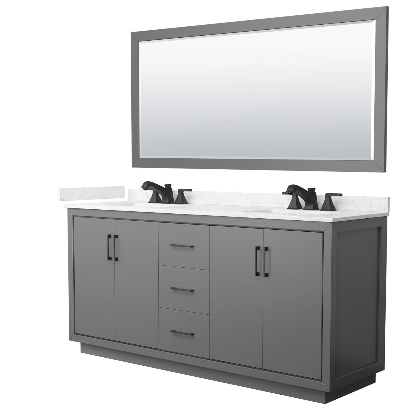 Wyndham Collection Icon 72" Double Bathroom Vanity in Dark Gray, Carrara Cultured Marble Countertop, Undermount Square Sinks (3-Hole), Matte Black Trim, 70" Mirror