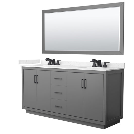 Wyndham Collection Icon 72" Double Bathroom Vanity in Dark Gray, Carrara Cultured Marble Countertop, Undermount Square Sinks (3-Hole), Matte Black Trim, 70" Mirror