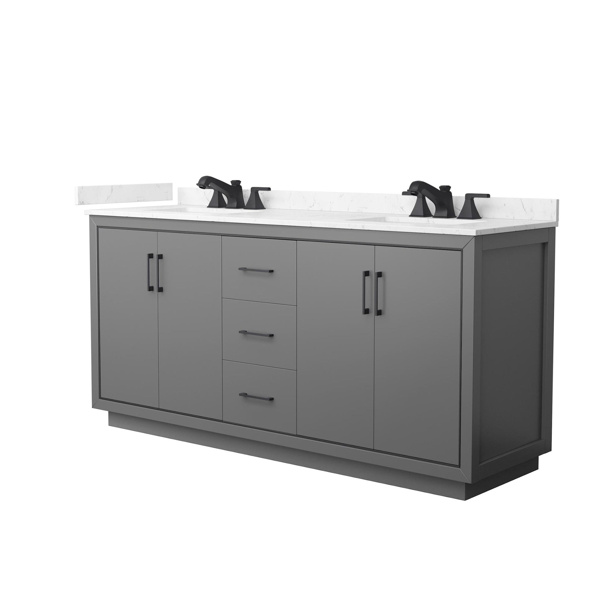 Wyndham Collection Icon 72" Double Bathroom Vanity in Dark Gray, Carrara Cultured Marble Countertop, Undermount Square Sinks (3-Hole), Matte Black Trim