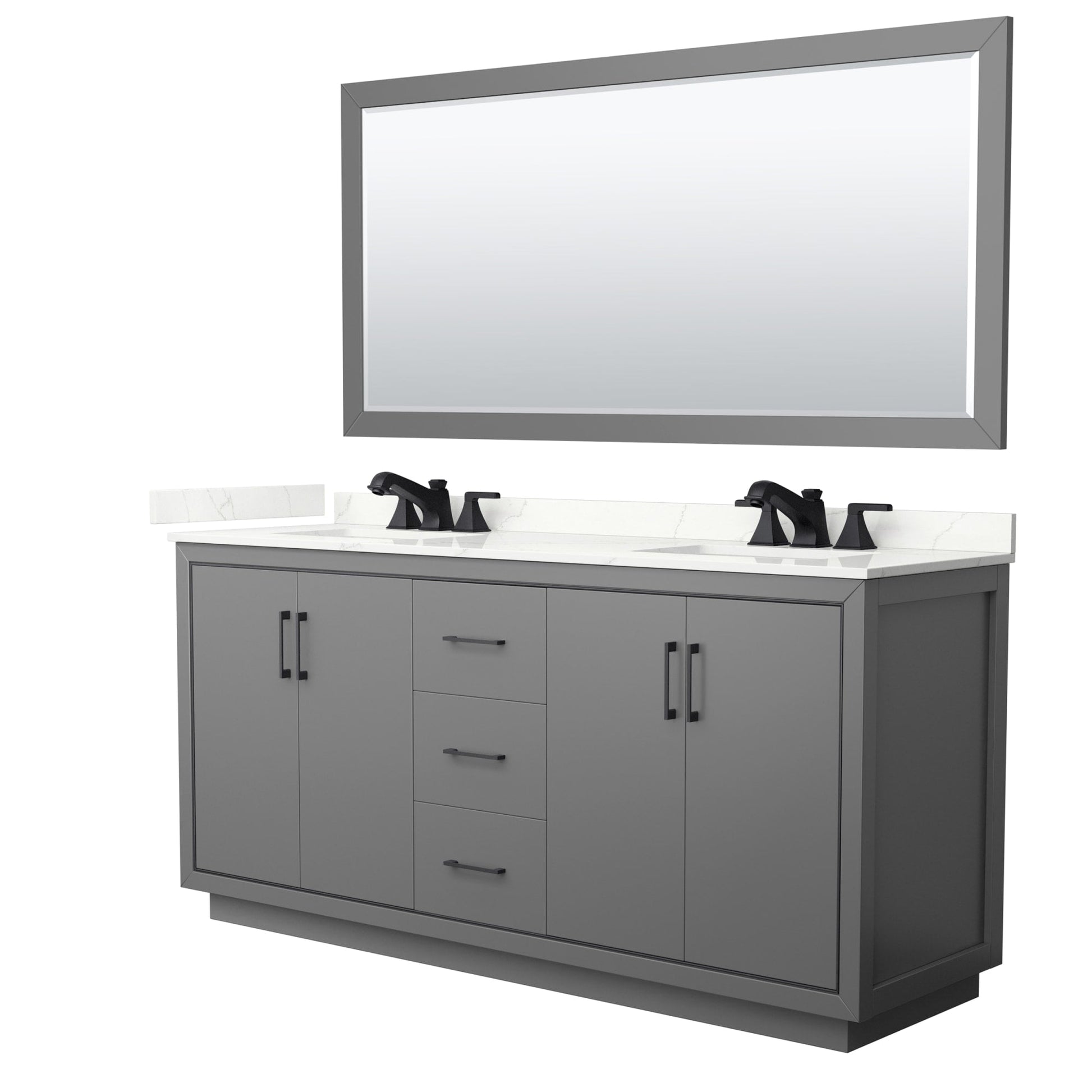 Wyndham Collection Icon 72" Double Bathroom Vanity in Dark Gray, Giotto Quartz Countertop, Undermount Square Sinks (3-Hole), Matte Black Trim, 70" Mirror