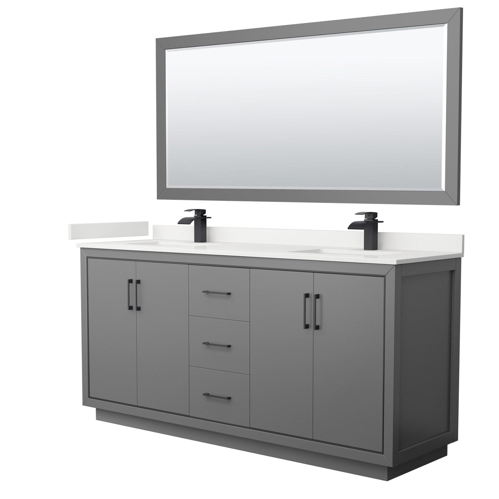 Wyndham Collection Icon 72" Double Bathroom Vanity in Dark Gray, White Quartz Countertop, Undermount Square Sinks (1-Hole), Matte Black Trim, 70" Mirror