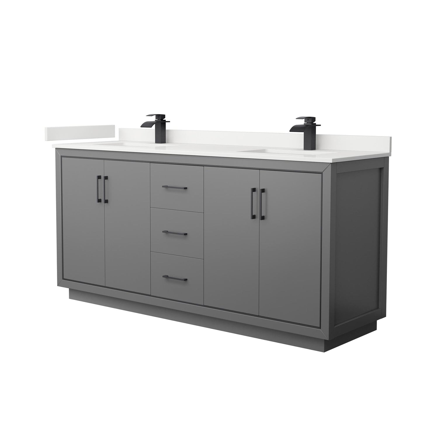 Wyndham Collection Icon 72" Double Bathroom Vanity in Dark Gray, White Quartz Countertop, Undermount Square Sinks (1-Hole), Matte Black Trim