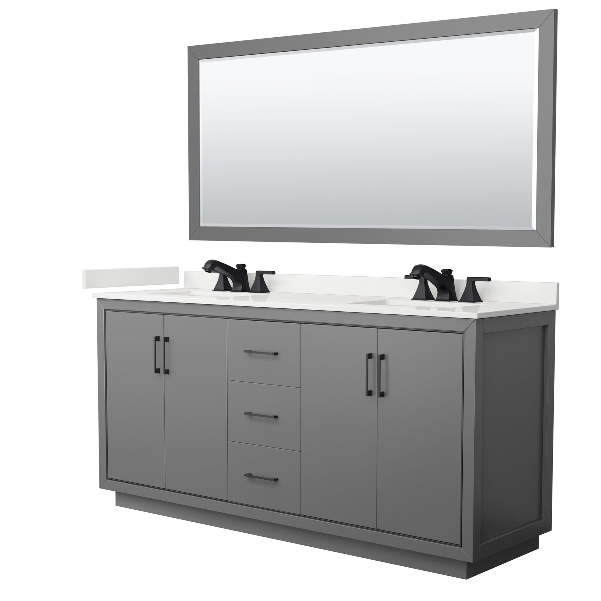 Wyndham Collection Icon 72" Double Bathroom Vanity in Dark Gray, White Quartz Countertop, Undermount Square Sinks (3-Hole), Matte Black Trim, 70" Mirror