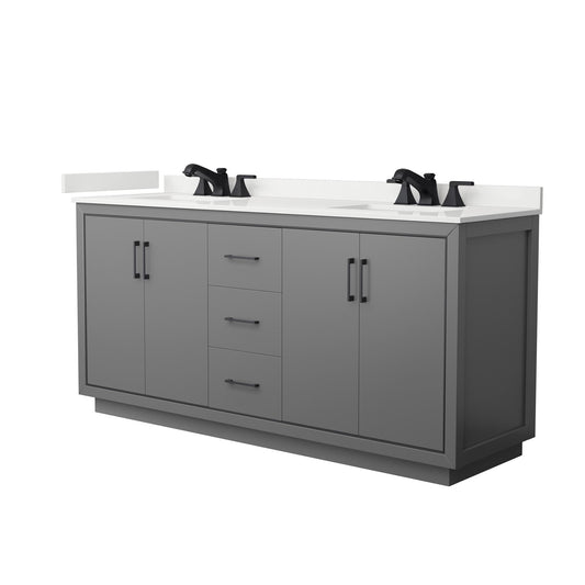 Wyndham Collection Icon 72" Double Bathroom Vanity in Dark Gray, White Quartz Countertop, Undermount Square Sinks (3-Hole), Matte Black Trim