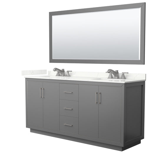 Wyndham Collection Icon 72" Double Bathroom Vanity in Dark Gray, Giotto Quartz Countertop, Undermount Square Sinks (3-Hole), Brushed Nickel Trim, 70" Mirror