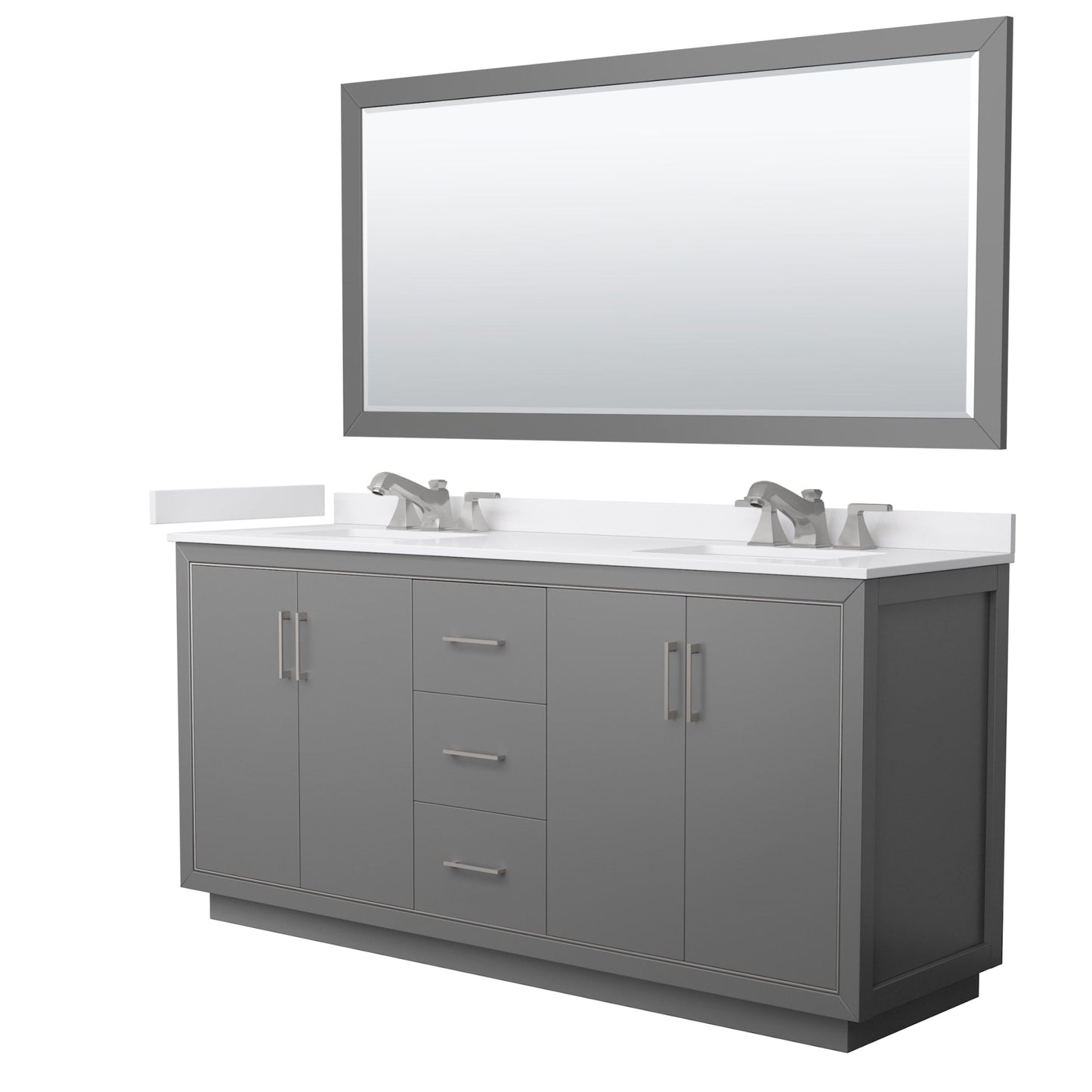 Wyndham Collection Icon 72" Double Bathroom Vanity in Dark Gray, White Cultured Marble Countertop, Undermount Square Sinks (3-Hole), Brushed Nickel Trim, 70" Mirror
