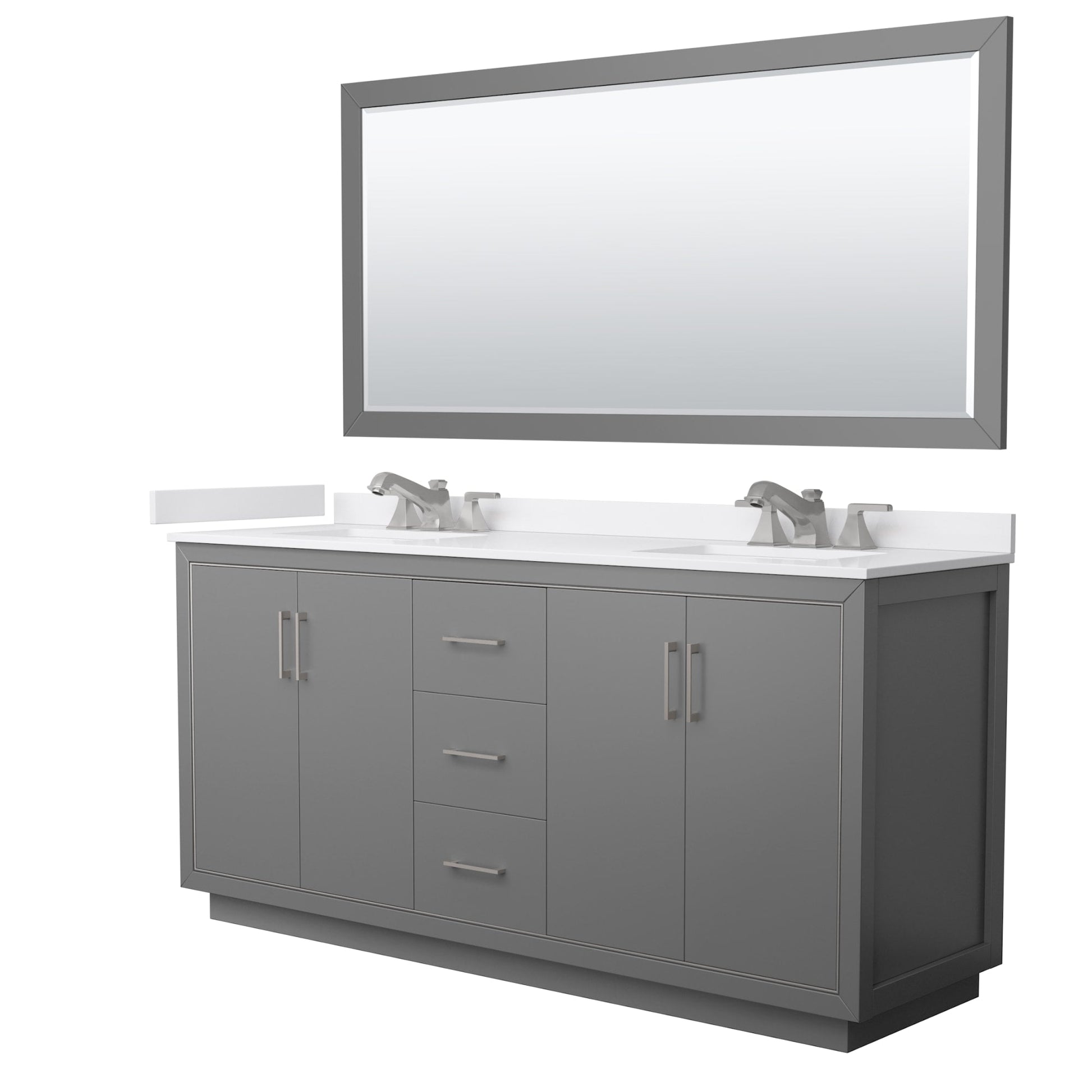 Wyndham Collection Icon 72" Double Bathroom Vanity in Dark Gray, White Cultured Marble Countertop, Undermount Square Sinks (3-Hole), Brushed Nickel Trim, 70" Mirror