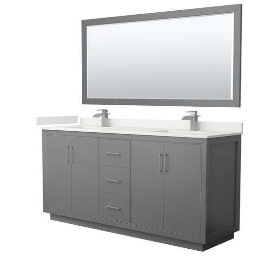 Wyndham Collection Icon 72" Double Bathroom Vanity in Dark Gray, White Quartz Countertop, Undermount Square Sinks (1-Hole), Brushed Nickel Trim, 70" Mirror