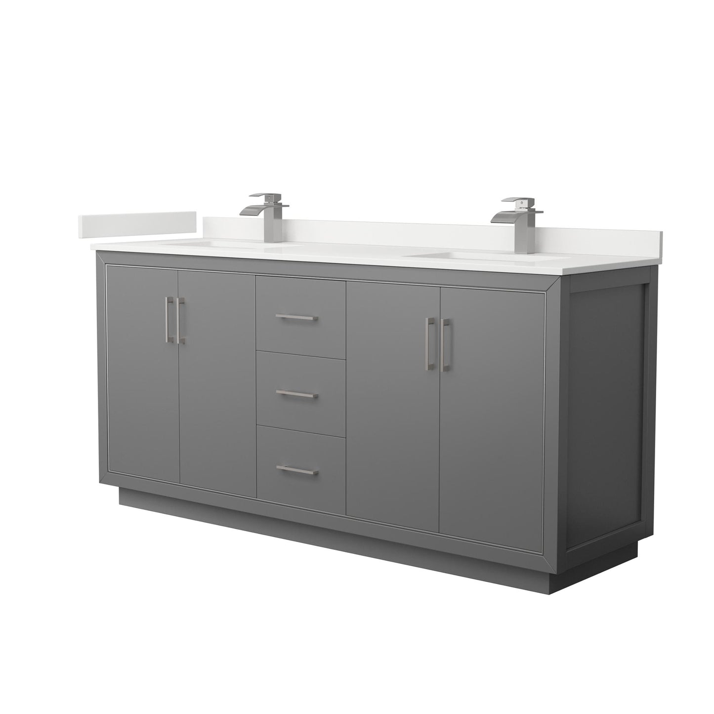 Wyndham Collection Icon 72" Double Bathroom Vanity in Dark Gray, White Quartz Countertop, Undermount Square Sinks (1-Hole), Brushed Nickel Trim