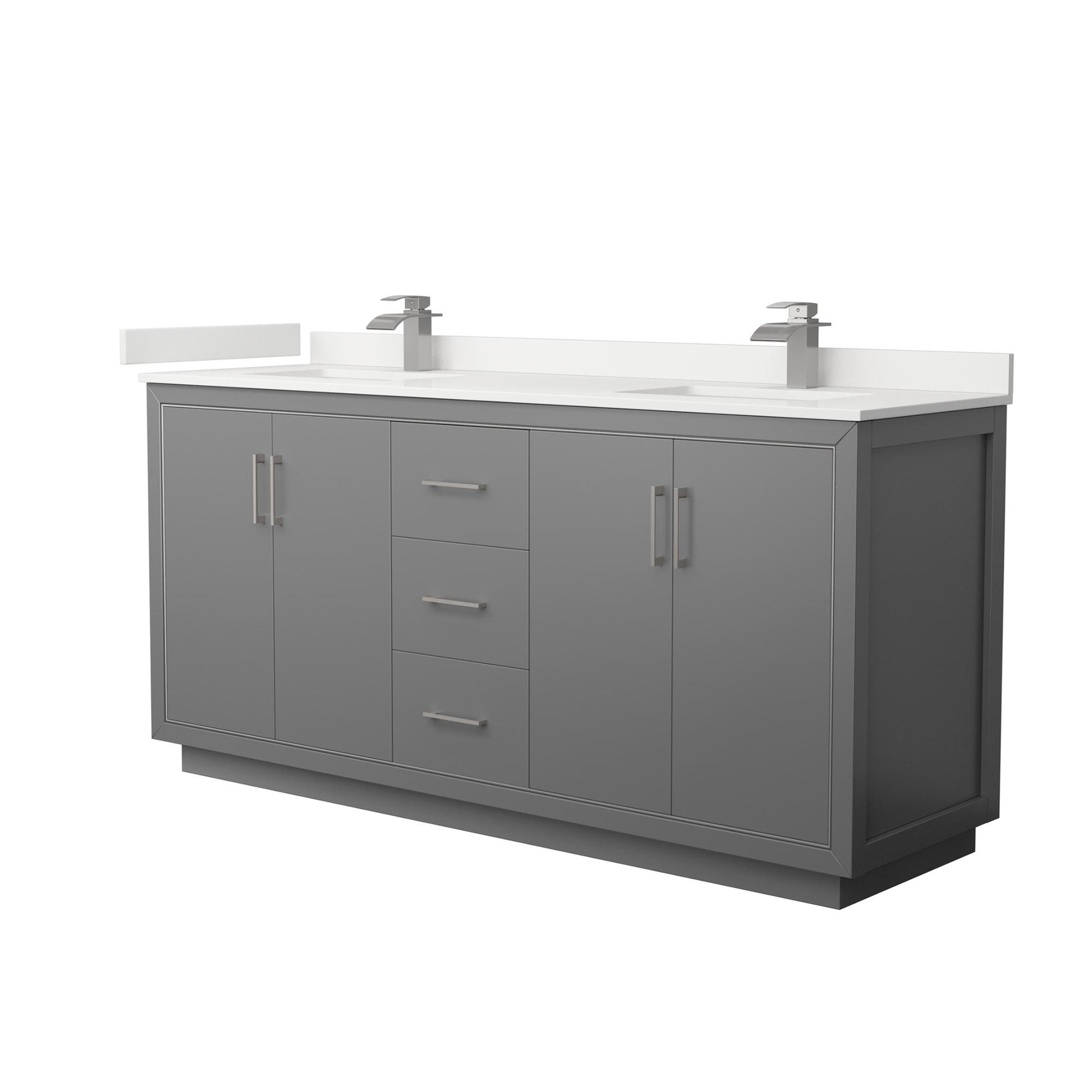 Wyndham Collection Icon 72" Double Bathroom Vanity in Dark Gray, White Quartz Countertop, Undermount Square Sinks (1-Hole), Brushed Nickel Trim