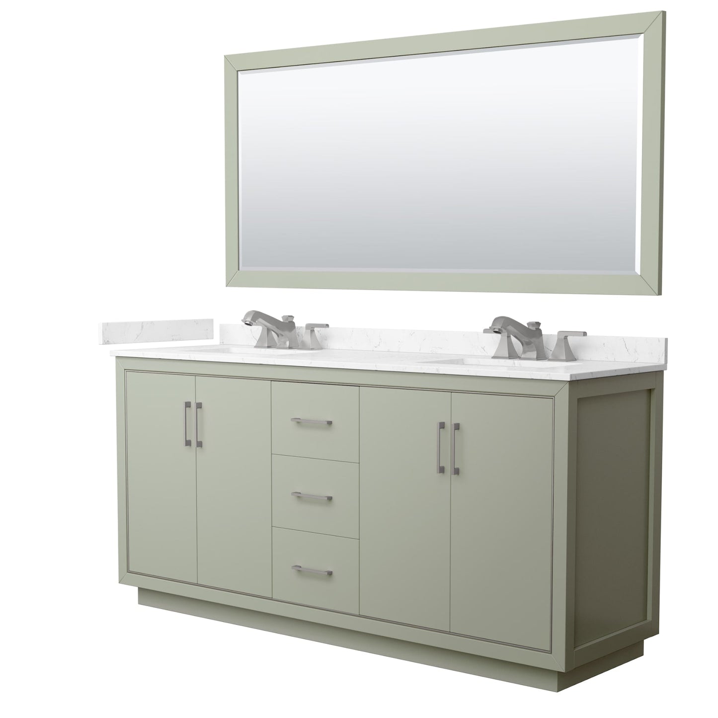 Wyndham Collection Icon 72" Double Bathroom Vanity in Light Green, Carrara Cultured Marble Countertop, Undermount Square Sinks (3-Hole), Brushed Nickel Trim, 70" Mirror