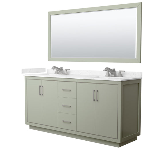 Wyndham Collection Icon 72" Double Bathroom Vanity in Light Green, Carrara Cultured Marble Countertop, Undermount Square Sinks (3-Hole), Brushed Nickel Trim, 70" Mirror