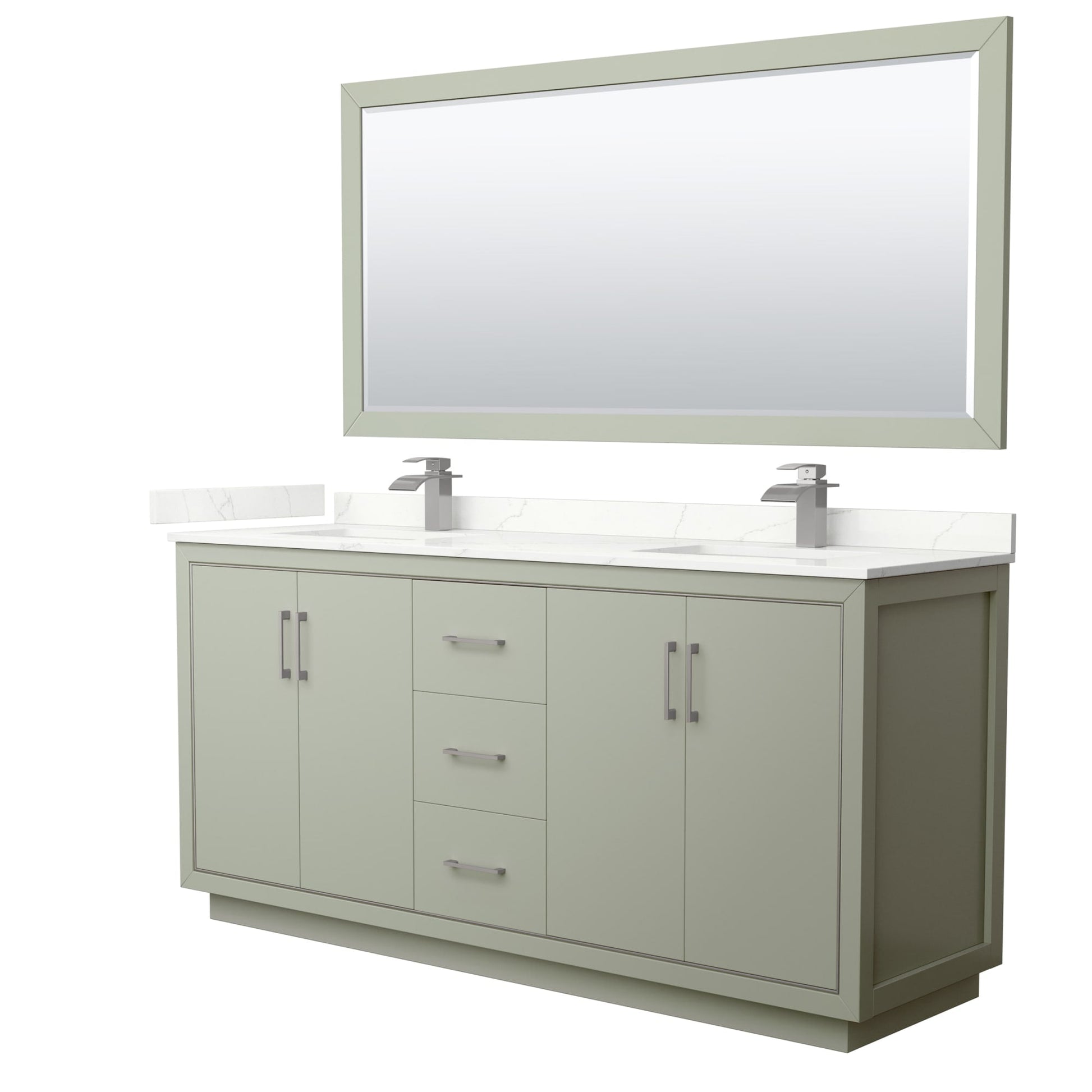 Wyndham Collection Icon 72" Double Bathroom Vanity in Light Green, Giotto Quartz Countertop, Undermount Square Sinks (1-Hole), Brushed Nickel Trim, 70" Mirror