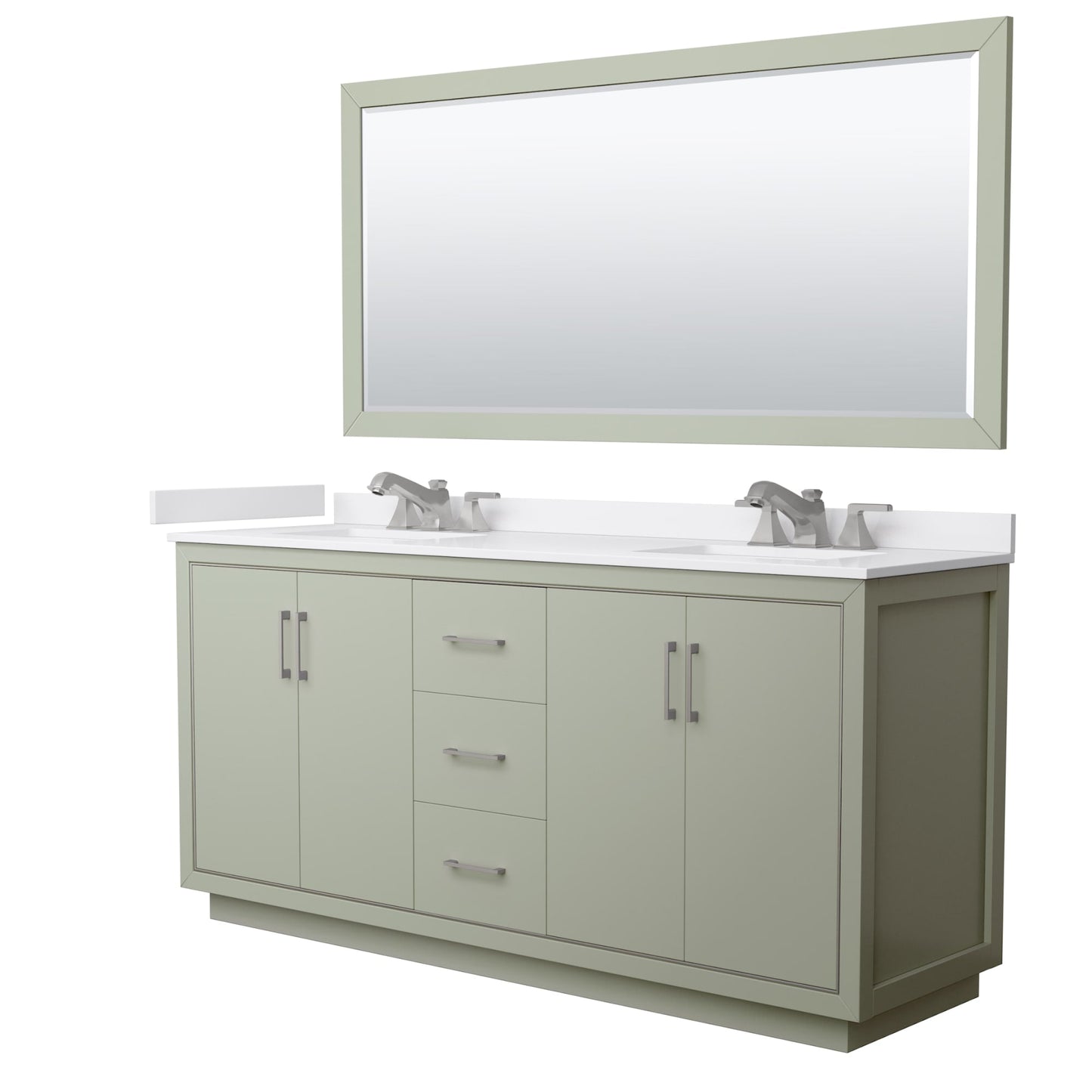 Wyndham Collection Icon 72" Double Bathroom Vanity in Light Green, White Cultured Marble Countertop, Undermount Square Sinks (3-Hole), Brushed Nickel Trim, 70" Mirror