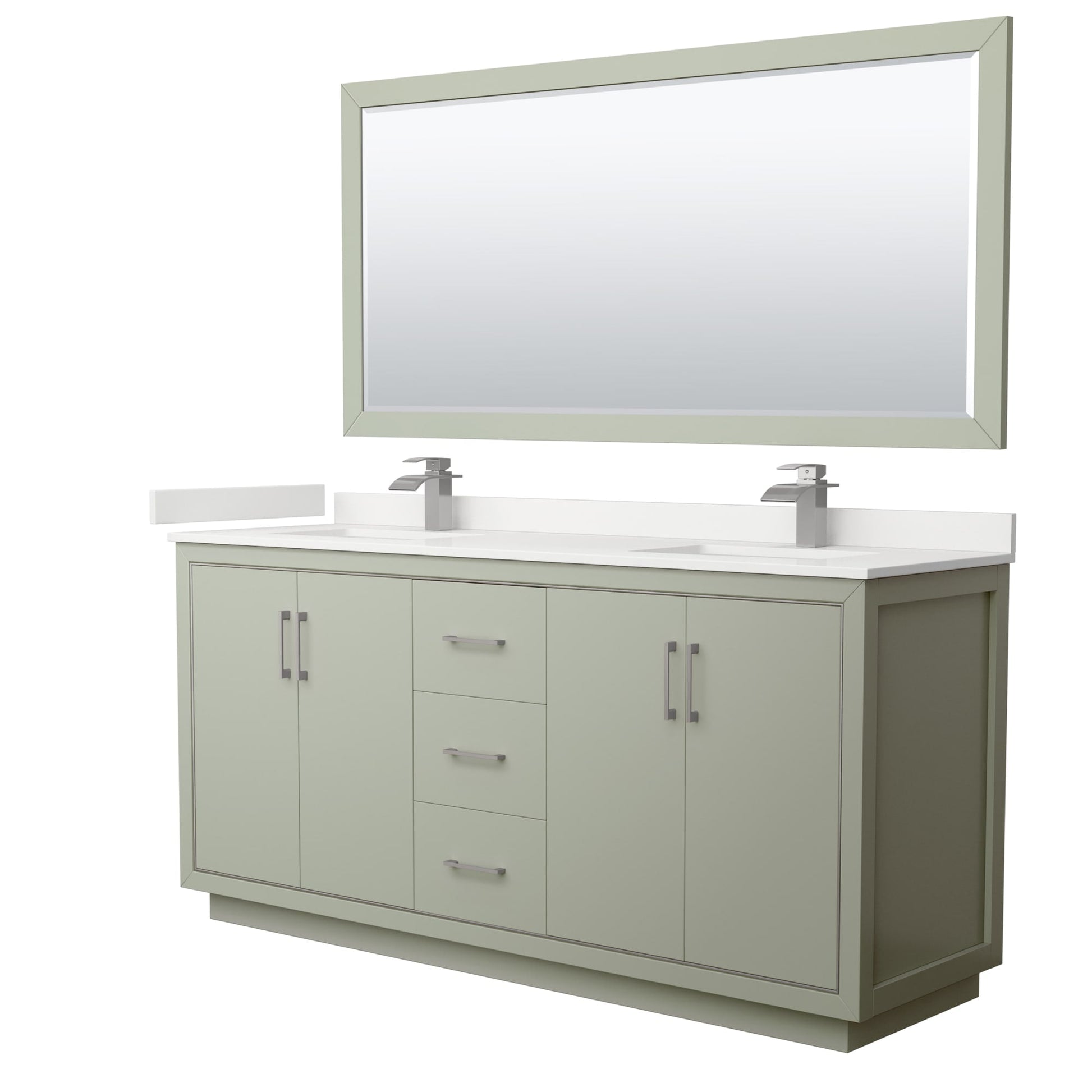 Wyndham Collection Icon 72" Double Bathroom Vanity in Light Green, White Quartz Countertop, Undermount Square Sinks (1-Hole), Brushed Nickel Trim, 70" Mirror