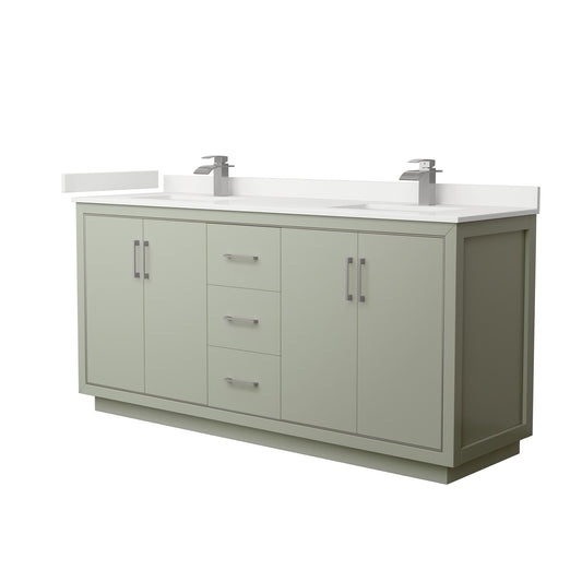 Wyndham Collection Icon 72" Double Bathroom Vanity in Light Green, White Quartz Countertop, Undermount Square Sinks (1-Hole), Brushed Nickel Trim