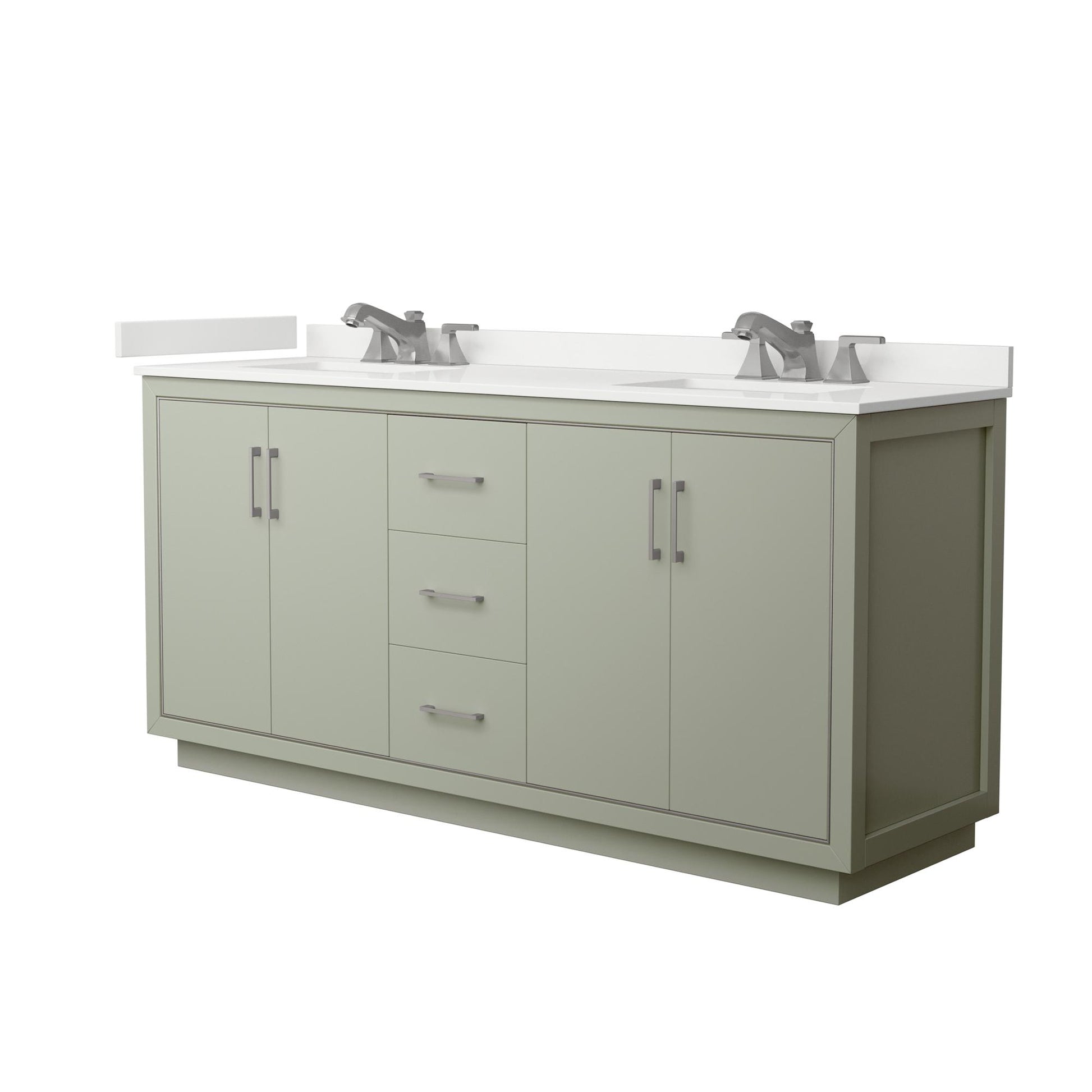 Wyndham Collection Icon 72" Double Bathroom Vanity in Light Green, White Quartz Countertop, Undermount Square Sinks (3-Hole), Brushed Nickel Trim
