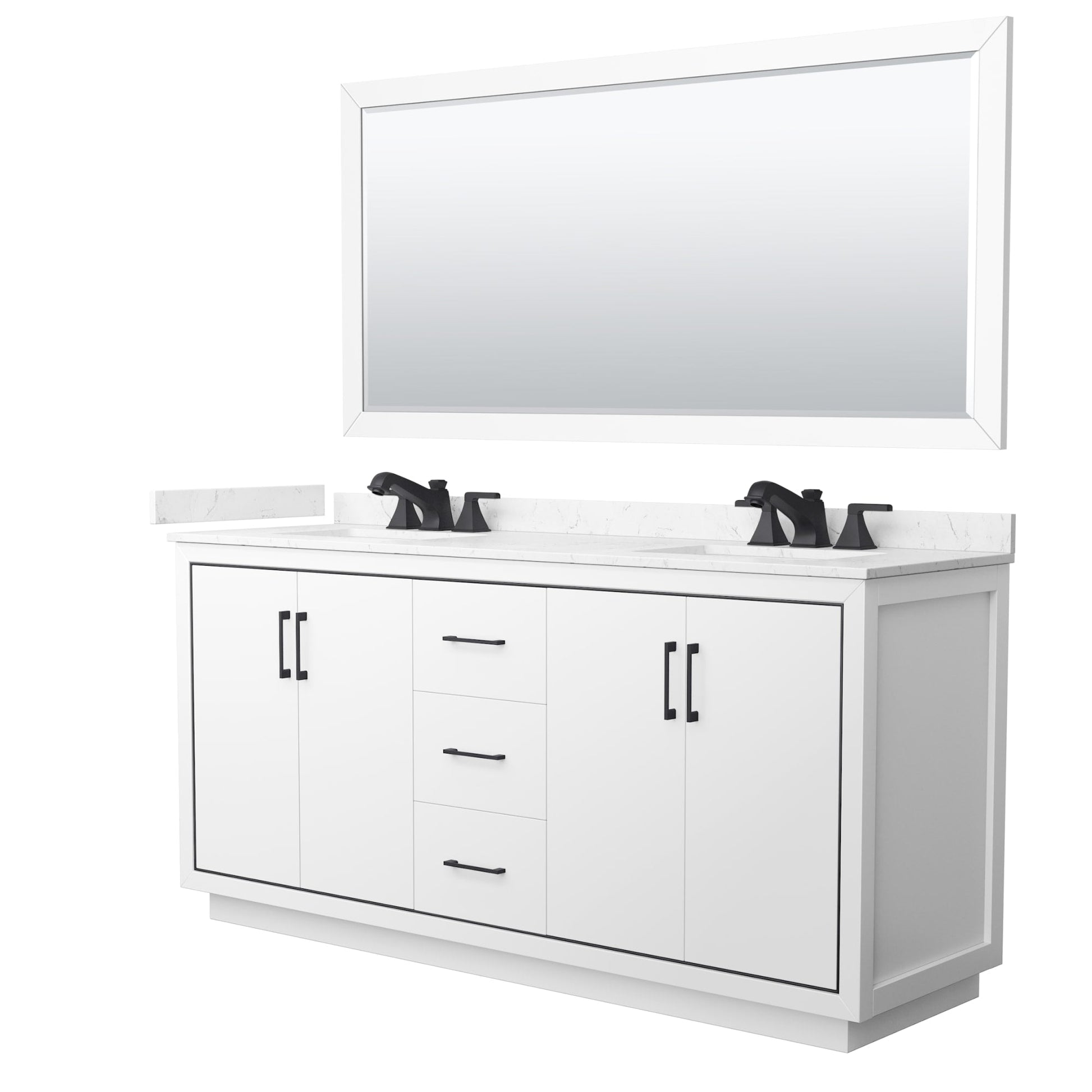 Wyndham Collection Icon 72" Double Bathroom Vanity in White, Carrara Cultured Marble Countertop, Undermount Square Sinks (3-Hole), Matte Black Trim, 70" Mirror