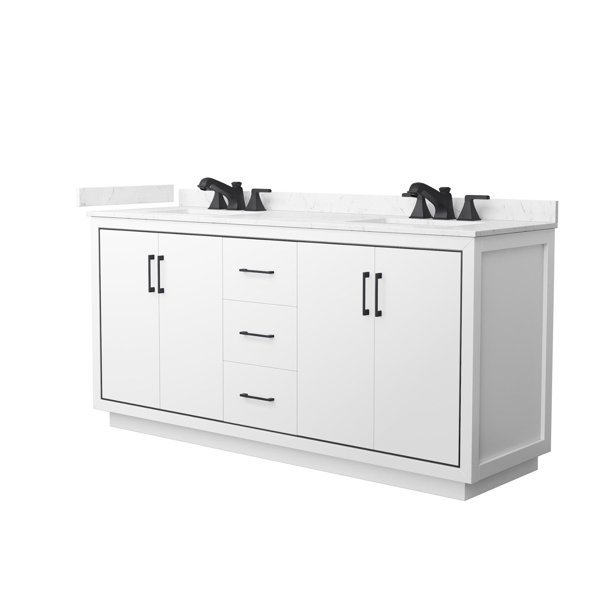 Wyndham Collection Icon 72" Double Bathroom Vanity in White, Carrara Cultured Marble Countertop, Undermount Square Sinks (3-Hole), Matte Black Trim
