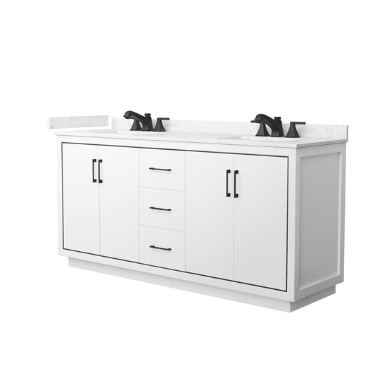 Wyndham Collection Icon 72" Double Bathroom Vanity in White, Carrara Cultured Marble Countertop, Undermount Square Sinks (3-Hole), Matte Black Trim