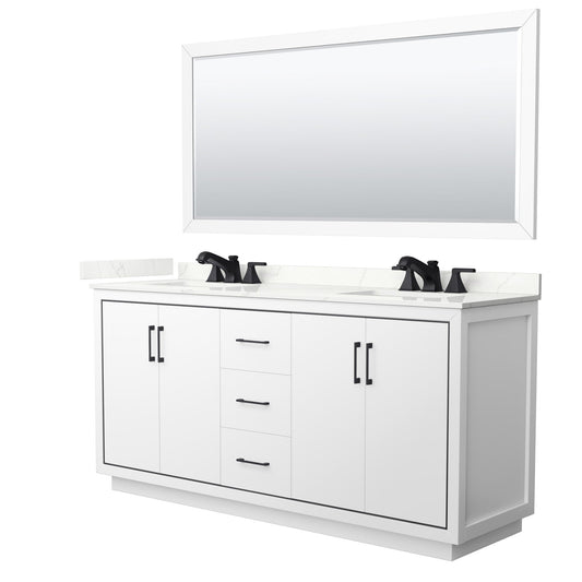 Wyndham Collection Icon 72" Double Bathroom Vanity in White, Giotto Quartz Countertop, Undermount Square Sinks (3-Hole), Matte Black Trim, 70" Mirror
