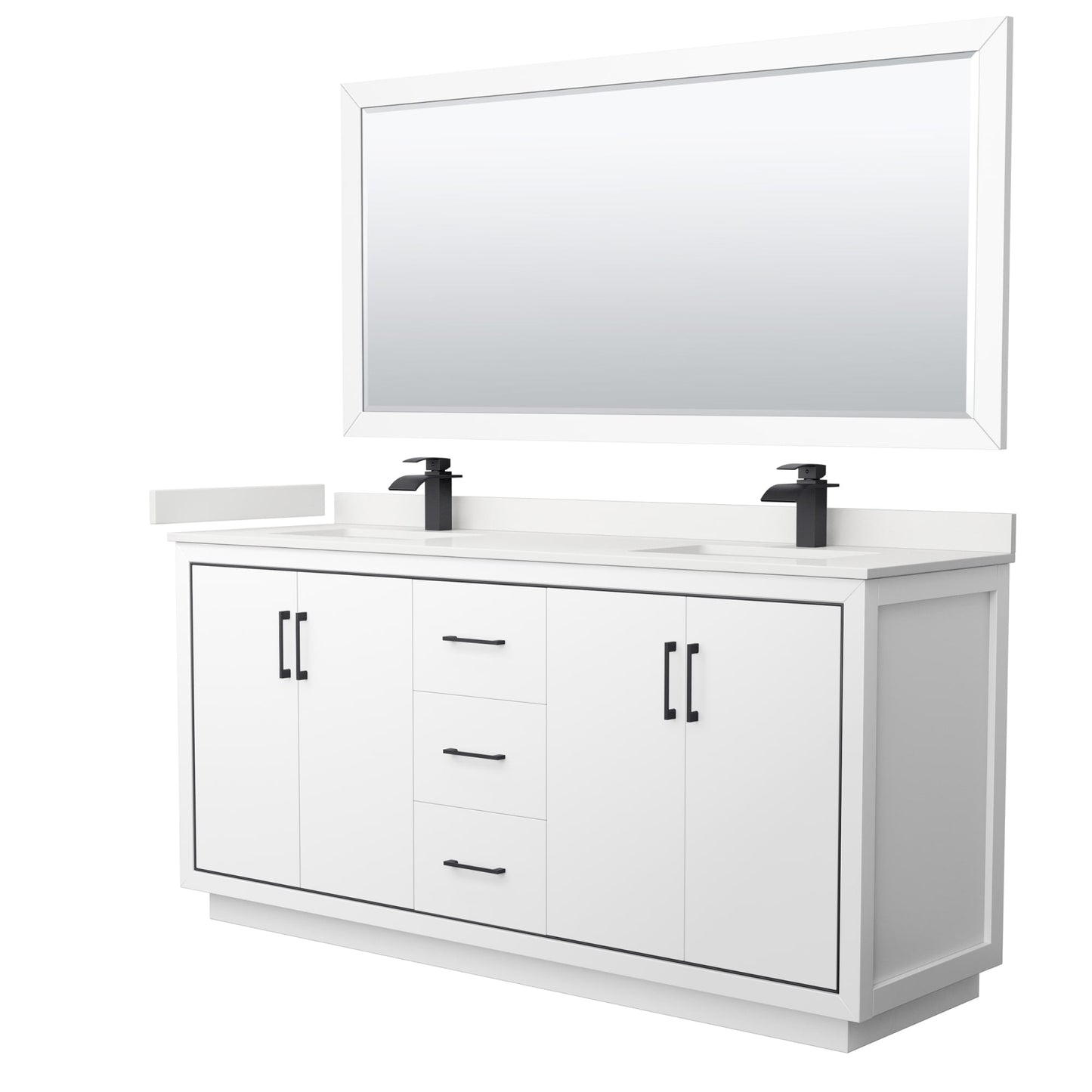 Wyndham Collection Icon 72" Double Bathroom Vanity in White, White Quartz Countertop, Undermount Square Sinks (1-Hole), Matte Black Trim, 70" Mirror