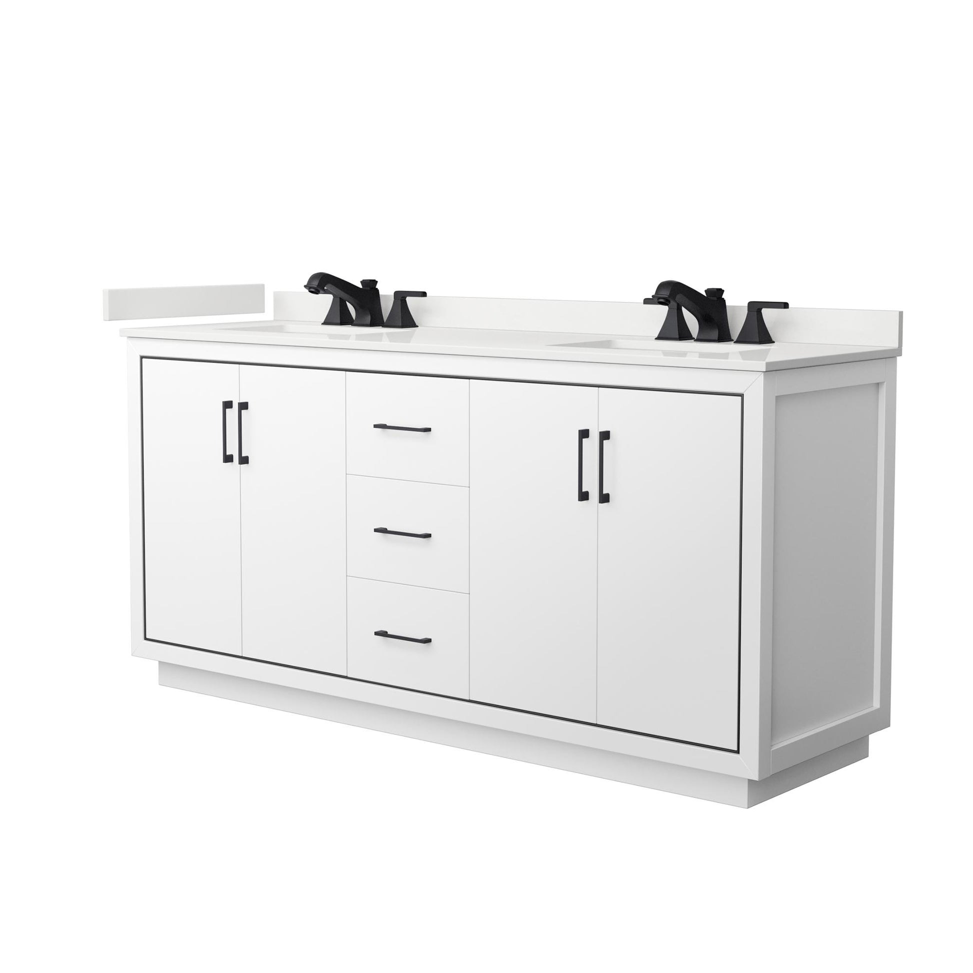 Wyndham Collection Icon 72" Double Bathroom Vanity in White, White Quartz Countertop, Undermount Square Sinks (3-Hole), Matte Black Trim